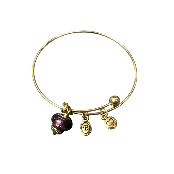 Brighton Jewelry - Brighton Gold Tone Adjustable Bangle Purple Bead Heart B Logo Charm Bracelet VTG